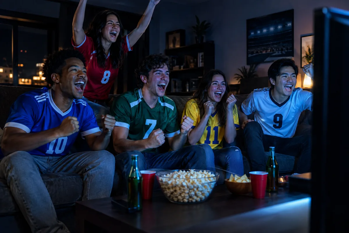 Amigos gritando un gol frente al televisor