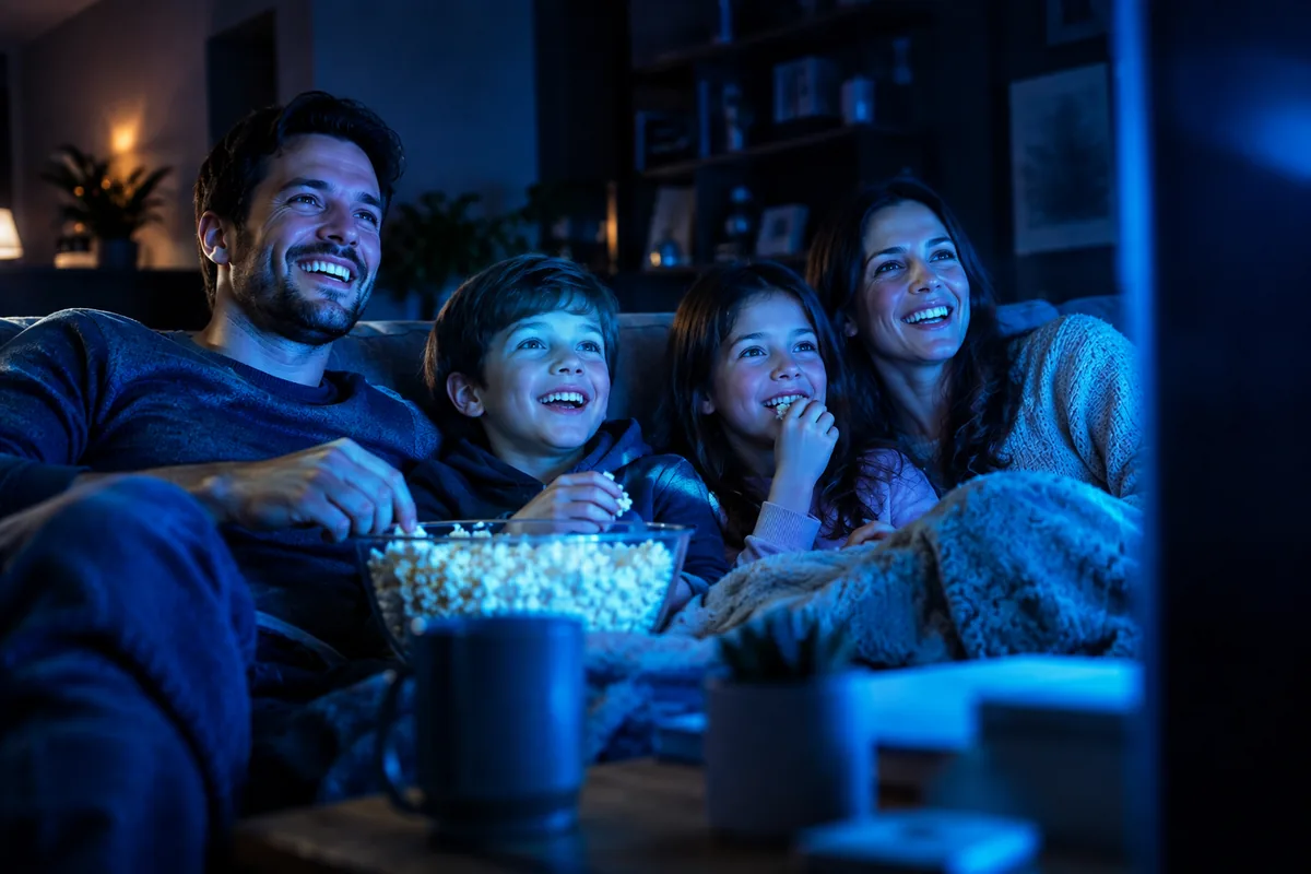 Familia reunida en el sofá disfrutando juntos una noche de películas con Stella TV