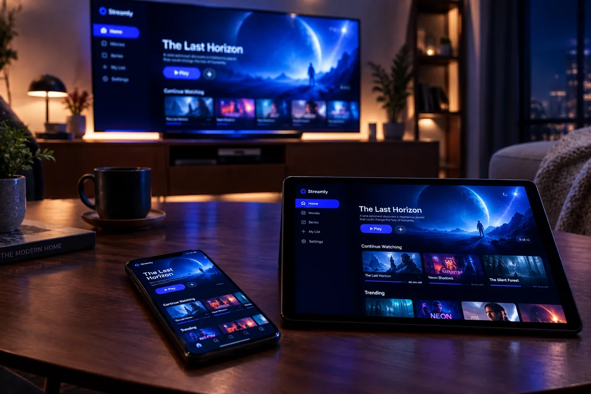 Ecosistema de dispositivos modernos (Smart TV, tableta, smartphone) transmitiendo contenido digital simultáneamente.